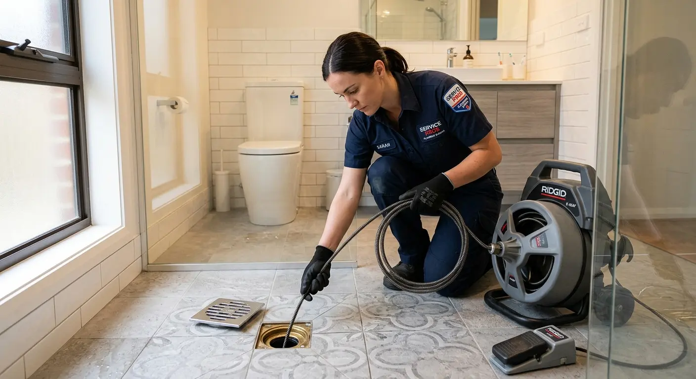 Technician clearing a bathroom floor drain for Hydro Jetting in Socastee